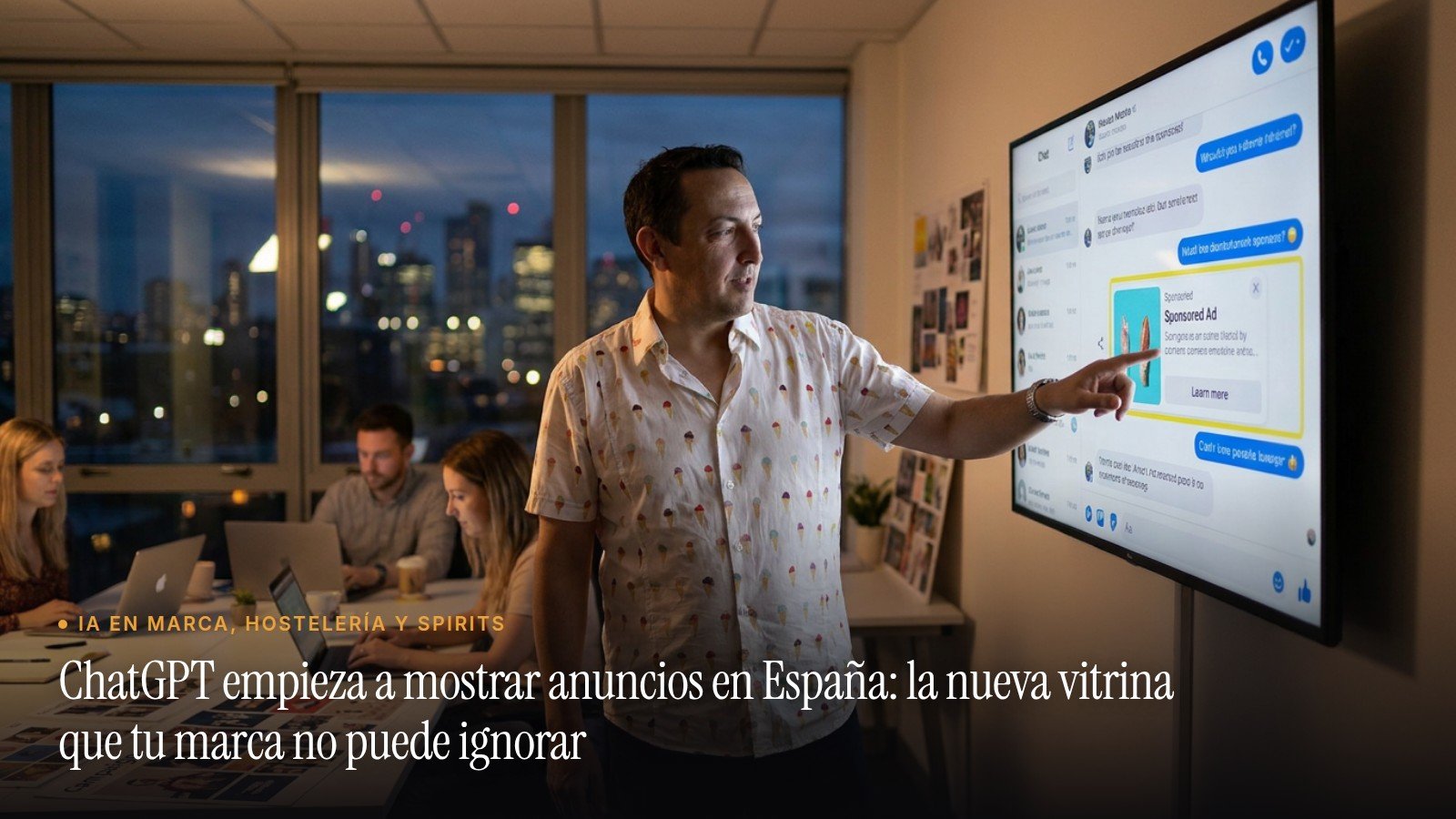 José Manuel Antelo señalando un anuncio patrocinado dentro de una conversación de IA en una oficina de marketing